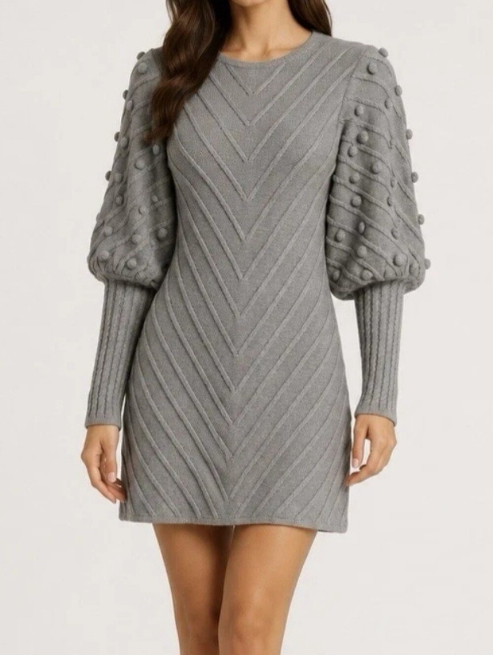 Avantlook Gray Puff-Sleeve Chevron Knit Mini Sweater Dress Size Large